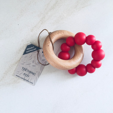 Red wooden silicone teether 