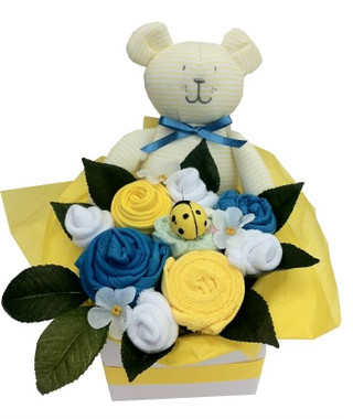 Baby boy bouquet in yellow , blue and white