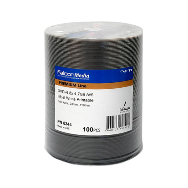 Falcon Media DVD-R 8X White Inkjet Hub Printable 100 Pack | PN 0344