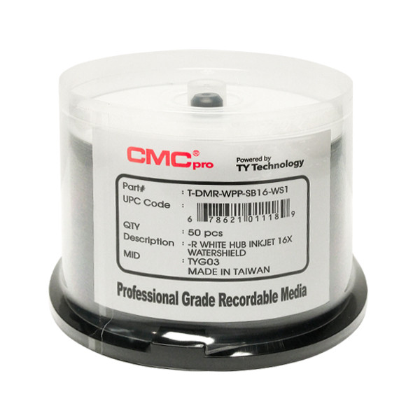 CMC PRO Watershield DVD-R 16X 4.7GB Glossy White Inkjet Hub Printable - 50PK | TDMR-WPP-SB16-WS1