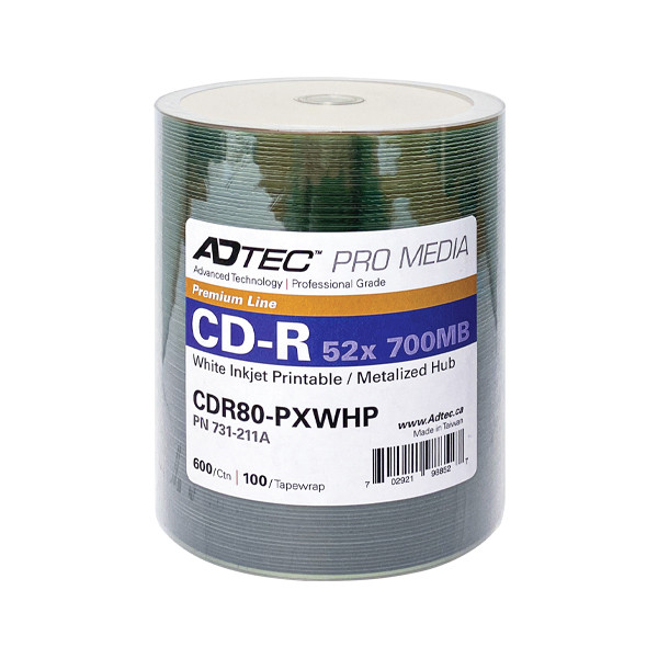 Adtec CD-R 52X White Inkjet Printable with Metalized Hub - 100PK