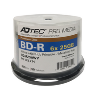 ADTEC PRO BLU-RAY 25GB 6X WHITE HUB INKJET PRINTABLE (743-214) 50/CAKE BOX