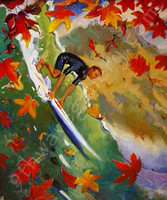 FALL:   That first brisk change in the air shakes the leaves down and brings the surf up. "Fall" By Ron Croci is a 20" x 24" Oil Painting on Wood Panel is part of a series titled "The Four Seasons In Surfing" which includes Summer, Fall, Winter, and Spring.