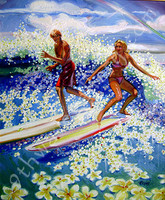 SPRING: The scent of Plumaries mingles with the off shore spray and we feel intoxicated by the possibilities that the future holds. "Spring" By Ron Croci is a 20" x 24" Oil Painting on Wood Panel is part of a series titled "The Four Seasons In Surfing" which includes Summer, Fall, Winter, and Spring.