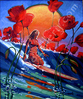 SUMMER: The beautiful hot afternoons when the haze makes the sunset glow, when we don't even have to stand on our boards to be over come with joy this is summer. "Summer" By Ron Croci is a 20" x 24" Oil Painting on Wood Panel is part of a series titled "The Four Seasons In Surfing" which includes Summer, Fall, Winter, and Spring.