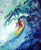 WINTER: Mighty Neptune casts his cloak and spear above the roaring surf.   His gesture creates the endless lines of waves. "Winter" By Ron Croci is a 20" x 24" Oil Painting on Wood Panel and is part of a series titled "The Four Seasons In Surfing" which includes Summer, Fall, Winter, and Spring.