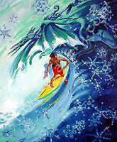 WINTER: Mighty Neptune casts his cloak and spear above the roaring surf.   His gesture creates the endless lines of waves. "Winter" By Ron Croci is a 20" x 24" Oil Painting on Wood Panel and is part of a series titled "The Four Seasons In Surfing" which includes Summer, Fall, Winter, and Spring.