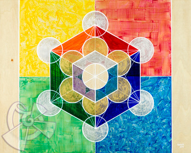 Metatron's Cube can be conceived by joining all the centers of each circle that make up the Fruit of Life. It contains every shape that exists in the universe, and those shapes are the building blocks of all physical matter, which are known as Platonic solids. It also contains a cube within a cube, which alludes to a 4th Dimensional space. 