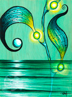 A surrealistic look into the connection between the ocean, moon, calm swells and the gentle flow and glow of kelp. The colors and subject matter give this piece a calm, zen like feel. Original painted with acrylics on wood.