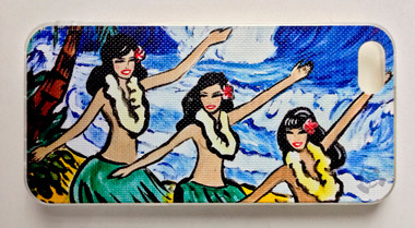 This "Three Hula Girls" iPhone 5 case by Drew Toonz is part of our brand new 9th Wave Gallery Limited Edition iPhone 5 cell case series we just released in collaboration with Simma Creative - Island Brand. Features a unique new texture that gives the feeling of canvas just like the original artwork. The durable clear base protects your phone if dropped by utilizing a special shock resistant flexible soft case. The artwork is also protected with a long lasting UV coating that prevents fading from prolonged exposure to the sun.