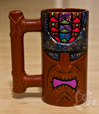 One of a kind red ceramic Tiki Mug 100% made in Hawaii hand painted by Shannon O'Connell. Features a special glow in the dark blacklight paint and is selected directly from Shannon's private collection.