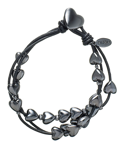 Pilgrim Hearts Charm Bracelet Hematite Plated Leather Cord