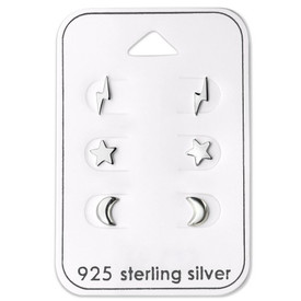 925 Sterling Silver Lightning Moon Star Stud  Earrings  Set + Gift Bag