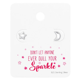 925 Sterling Silver Moon & Star Stud Earrings With Quote Card + Gift Bag