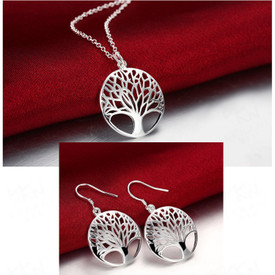 925 Sterling Silver Tree of Life Necklace + Drop Earrings + Gift Bag