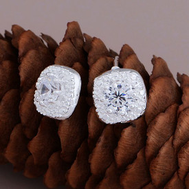 925 Sterling Silver Square Cut AAA+ Halo Stud Earrings  + Gift Bag