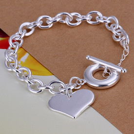 925 Sterling Silver Bolt Chain Heart Charm Bracelet 20cm