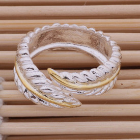 925 Sterling Silver Feather Ring Adjustable With Gold Band