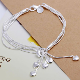 925 Sterling Silver 5 Strand Hearts Charm Bracelet Bangle Adjustable 20cm