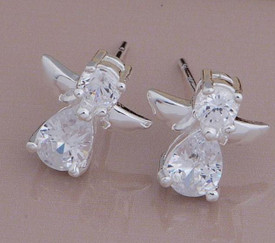 925 Sterling Silver Guardian Angel CZ Crystal Stud Earrings