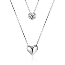 925 Sterling Silver Double Layer Heart Crystal Pendant Necklace