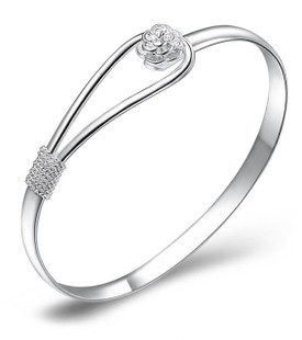 925 Sterling Silver Rose Flower  Bangle 16.5cm  + Gift Bag