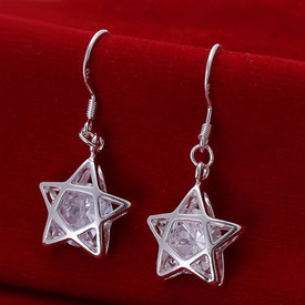 925 Sterling Silver Star Drop Dangle Earrings Hook Crystal  + Gift Bag