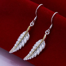 925 Sterling Silver Leaf/Feather Drop Dangle Earrings + Gold Band