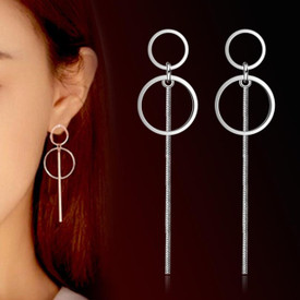 925 Sterling Silver Double Circle Long Tassel Wire  Earrings 60mm  + Gift Bag