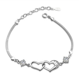 925 Sterling Silver Linked Hearts Bracelet + Crystal  16cm + 4cm Adjuster + Gift Bag