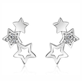 925 Sterling Silver Plated 3 Stars Crystal Stud Earrings + Bag