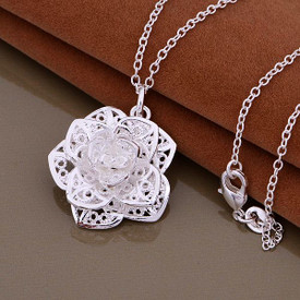 925 Sterling Silver Plated Rose Flower Pendant Necklace 45cm + Bag UK