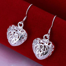 925 Sterling Silver Plated Hollow Filigree Heart Drop Earrings + Bag UK Womens