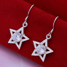 925 Sterling Silver Plated Star + Crystal Drop Dangle Earrings Hook +Gift Bag