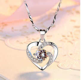 925 Heart Crystal Sterling Silver Pendant Necklace + Bag
