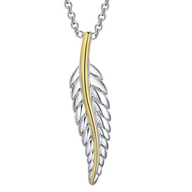 925 Sterling Silver Plated Leaf/Feather + Gold Band Pendant Necklace 45cm + Bag