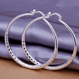 925 Sterling Silver Plated Big Hoop Earrings Diamond Cut 50mm + Bag