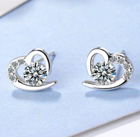 925 Silver Plated Love Heart Stud Earrings Cubic Zirconia
