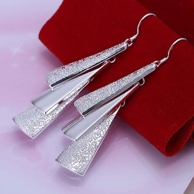 925 Sterling Silver Plated Triple Triangle Drop Dangle Earrings + Bag UK Womens