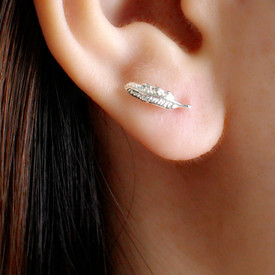 925 Sterling Silver Leaf/Feather Stud Earrings + Bag Women's UK