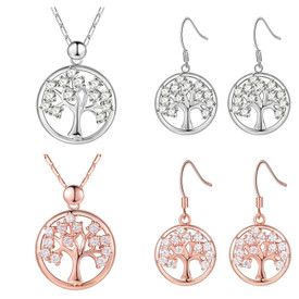 925 Sterling Silver Plated Tree of Life Pendant Necklace/Earrings Crystals + Bag