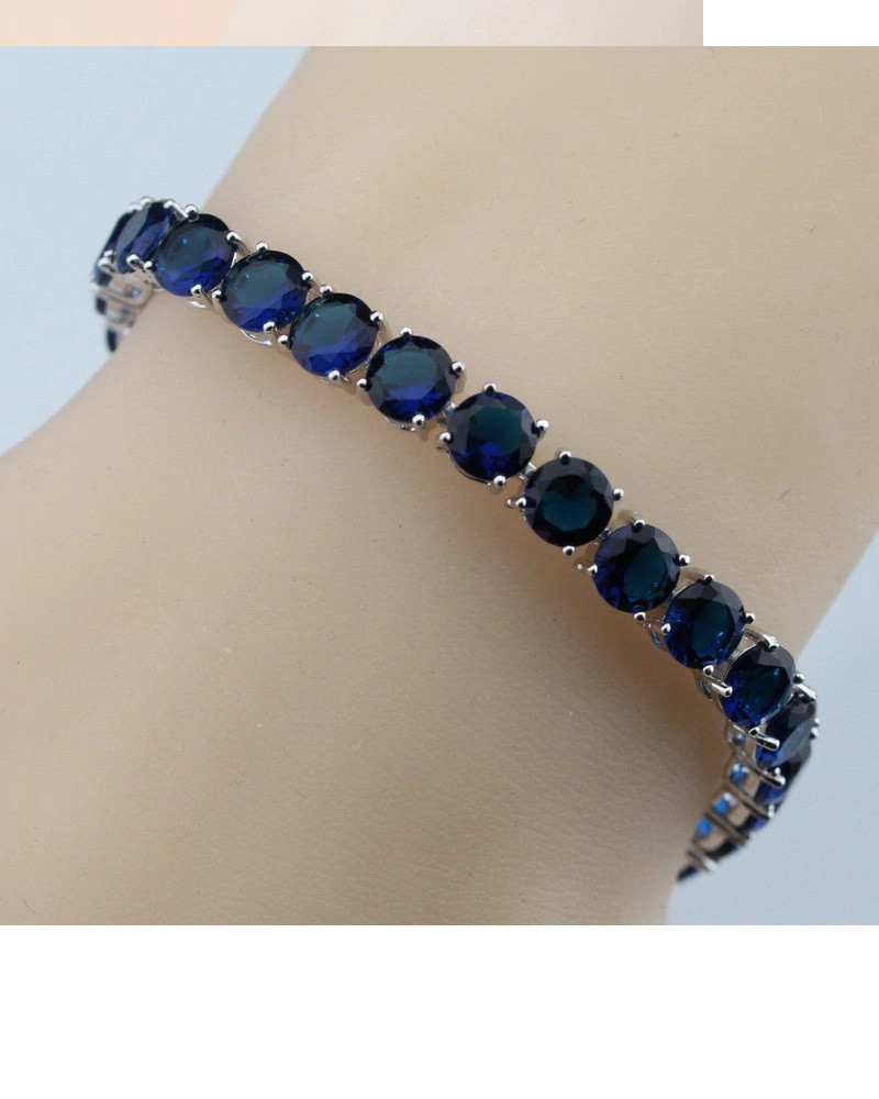 925 Sterling Silver Tennis Bracelet Round Gemstones Green Blue Garnet Topaz Bag Bubbles Jewels