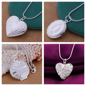925 Silver Plated Victorian Style Love Heart Locket Photo Necklace 45cm Chain UK