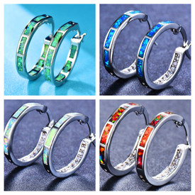 Stunning 925 Sterling Silver Hoop Earrings Blue,Green,White Fire Opal 20mm +Bag