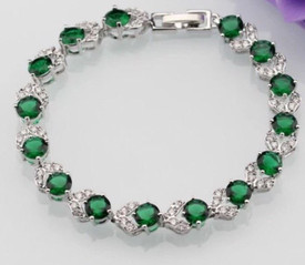 925 Sterling Silver Bracelet Emerald Green + White Topaz 18cm Adjustable + Gift