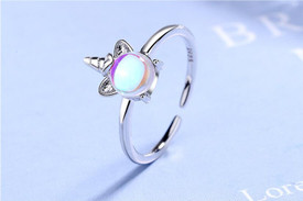 925 Unicorn Ring Sterling Silver Plated + Moonstone, Girls Open Band Adjustable