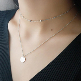 925 Sterling Silver Plated Double Layer Disc Pendant Necklace/Choker Ball Beads