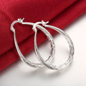 925 Sterling Silver Plated Fish Bone Patterned Oval Hoop Earrings 40mm + Bag UK