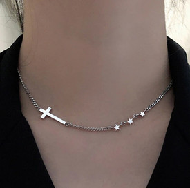 925 Cross Necklace/Choker Side On/Flat Pendant + Stars Sterling Silver + Bag UK