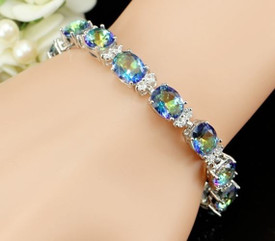 Stunning 925 Mystic Fire Oval Topaz Gemstone Tennis Bracelet Adjustable